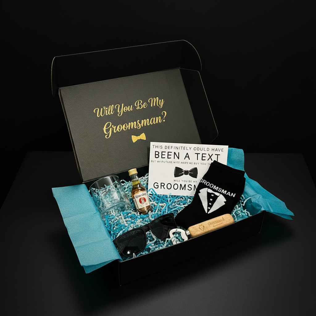 Groomsman Box - Gold Text Black Background