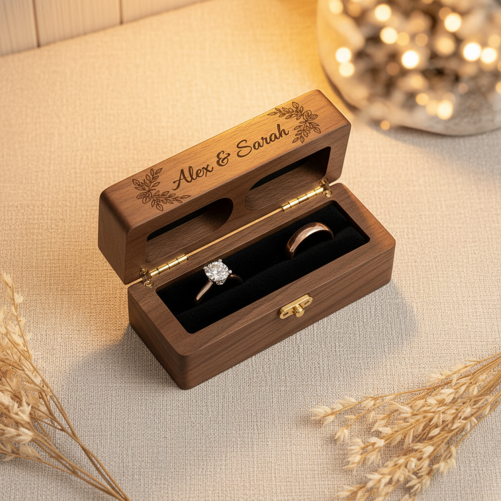 Premium personalised walnut wood ring box open on cream linen surface with wedding rings inside